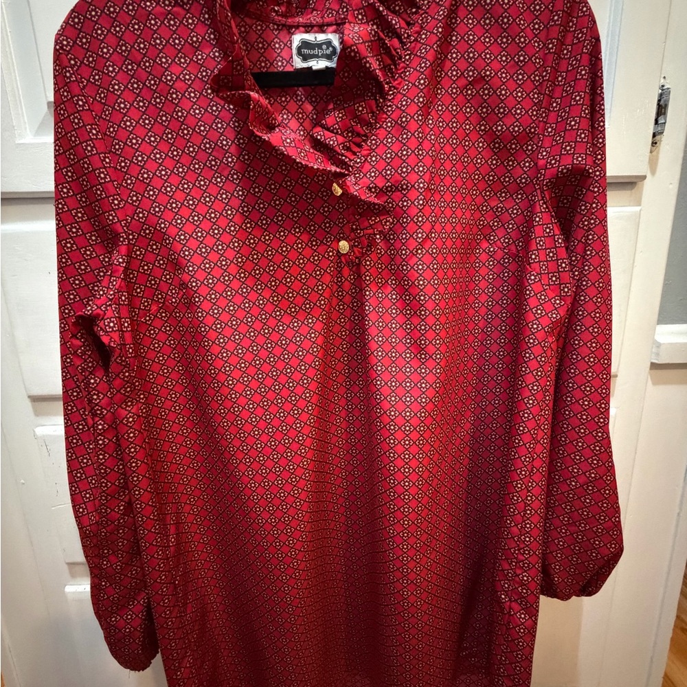 Ladies Mud Pie Red Floral Print Long Sleeve Blouse Ruffle Collar S